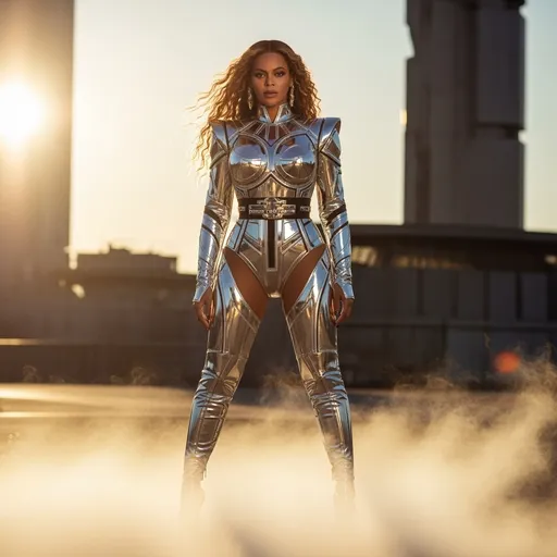 Prompt: Visualize a powerful scene where Beyoncé stands confidently in a stunning metallic body suit by Paco Rabanne, its reflective surface glinting under dynamic, dramatic lighting. The late afternoon sun bathes the setting in a warm golden hue, contrasting with the cold, industrial backdrop of a futuristic cityscape. Soft shadows play across her figure, highlighting the intricate designs of the suit. Beyoncé’s expression is fierce and captivating, her hair flowing like liquid silk around her shoulders. The scene is infused with an ethereal mist swirling at her feet, adding an element of mystery and allure. This concept is best captured in cinematic lighting, with rich color contrasts that echo the energy of her music and presence.