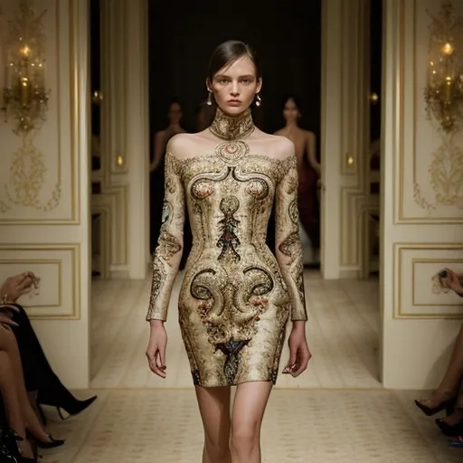 Prompt: (Gucci dress), fashion-forward, luxurious fabric, elegant silhouette, intricate detailing, vibrant colors, striking patterns, (couture styling), attention to tailoring, runway-ready feel, opulent textures, dimly lit chic boutique background, (high fashion), ultra-detailed, sophisticated ambiance, warm tones, aesthetically pleasing.