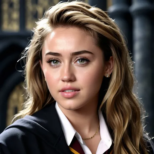 Prompt: Hyper realistic Miley Cyrus as a very detailed ultra hd 64k 3d quality Hermione Granger at Hogwarts background 