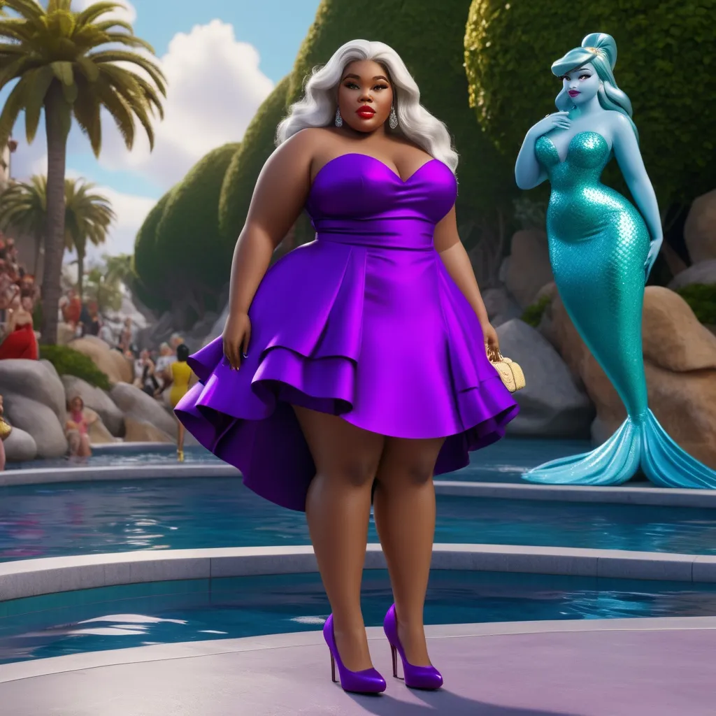 Prompt: Hyper realistic 64k 3d Ursula from The Little Mermaid as Lizzo in hyper realistic and very detailed 64 3d hd, wearing Prada and heels outfit, very detailed Prada dress 64k Reflex ultra hd quality and very detailed Prada heels 64k ultra hd quality 
