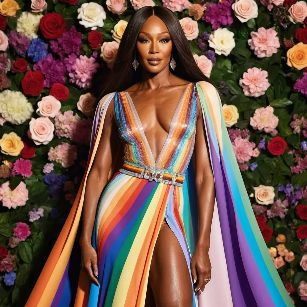 Prompt: Naomi Campbell wearing a special Elie Saab dress Pride Month edition 