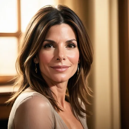 Prompt: (Sandra Bullock), vibrant portrait, expressive facial features, playful smile, soft lighting creating a whimsical ambiance, background of a warm, sunlit studio, cinematic depth, engaging colors, HD resolution, elegant tones, capturing her charm and charisma, inviting atmosphere, artful composition, radiant and lively personality.