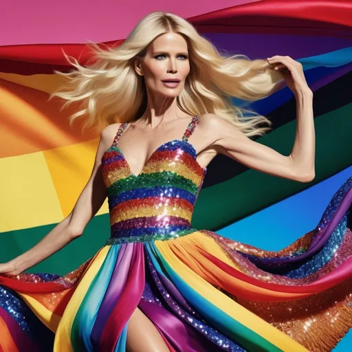Prompt: Claudia Schiffer in Chanel Pride Month Edition Dress, vibrant, glamorous, high quality, digital art, rainbow colors, glittering sequins, flowing fabric, joyful expression, dynamic pose, professional, stage-ready, pride flag pattern, energetic lighting
