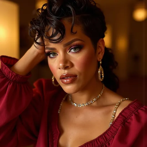 Prompt: (rich, detailed portrait of Rihanna), glamorous fashion, expressive eyes, vibrant lighting, iconic hairstyle, luxurious accessories, (warm tone skin), high fashion pose, sophisticated background blending elegant textures, (high quality) ultra-detailed, grand ambiance, powerful presence, contemporary style, celebrating beauty and individuality