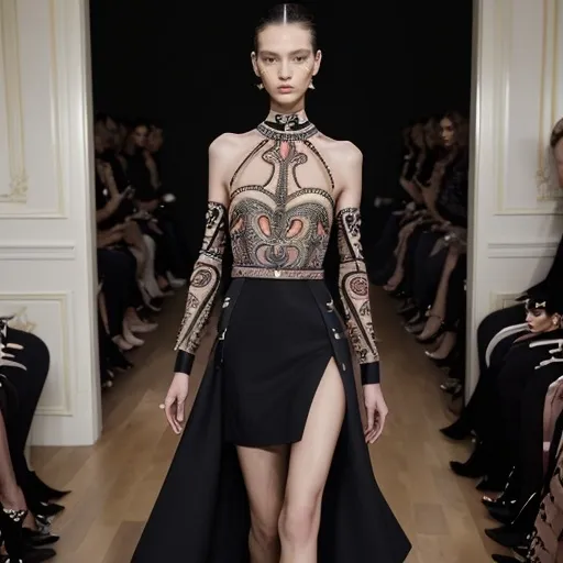 Prompt: (Valentino look reimagined), (modern fashion), chic elegance, luxurious textures, avant-garde design, bold patterns, dynamic color palette, intricate details, soft lighting, high fashion runway atmosphere, stylish accessories, expertly tailored silhouettes, sophisticated ambiance, visually striking composition, 4K, ultra-detailed, hybrid of classic and contemporary styles.