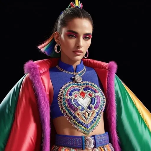 Prompt: Moncler Pride Month outfit, fashion illustration, vibrant colors, high fashion, luxurious fabric, LGBTQ+ pride, detailed embroidery, professional, best quality, highres, detailed, fashion illustration, vibrant colors, LGBTQ+ pride, luxurious fabric, detailed embroidery, high fashion