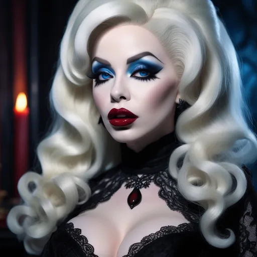 Prompt: (Amanda Lepore as Elvira), (gothic elegance), dramatic makeup, long dark wig, vintage gothic attire, deep crimson lips, striking blue eyes, sultry pose, eerie yet glamorous vibe, intricate lace details, moody lighting, haunted background, saturated colors, (4K resolution), ultra-detailed, captivating atmosphere, blending classic horror and high-fashion, an iconic homage to the beloved character, richly textured and cinematic aesthetics.