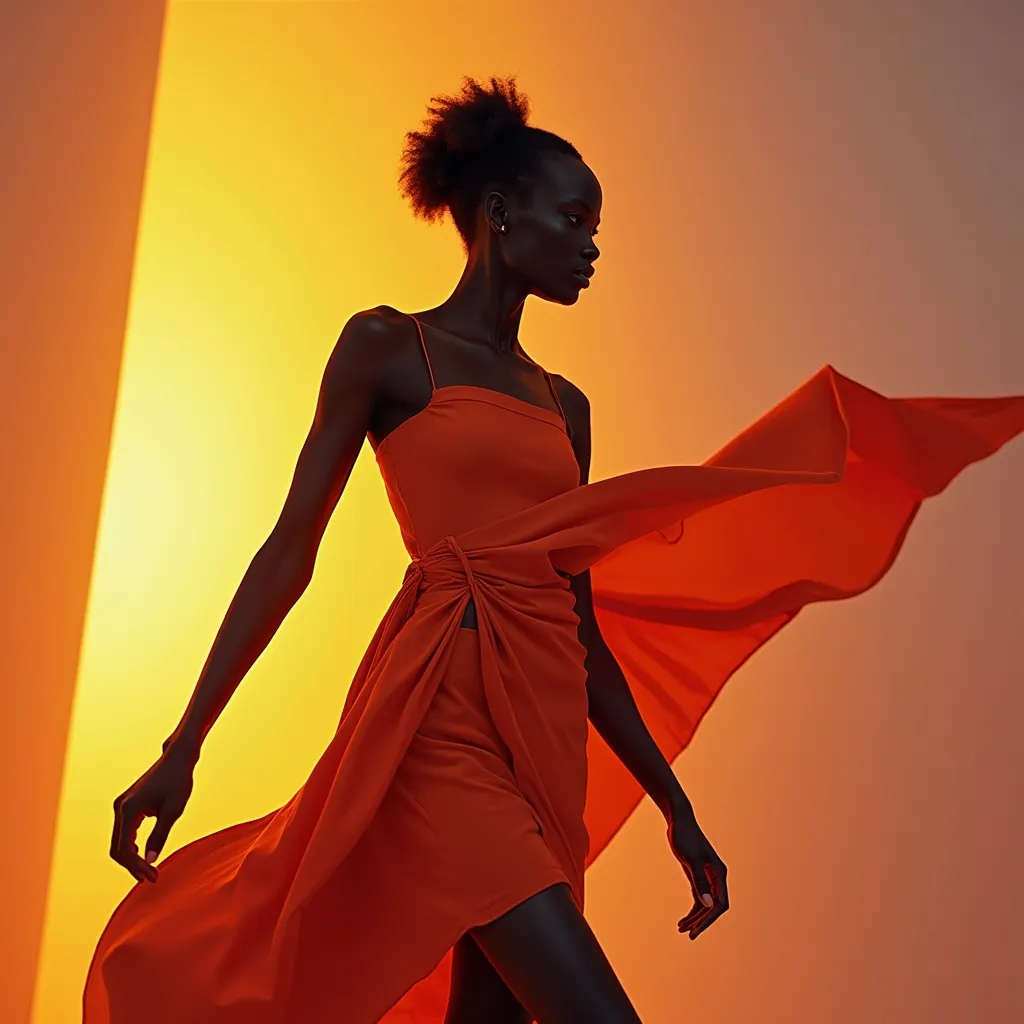 Prompt: (Alek Wek wearing Jil Sander), high fashion, (striking pose), timeless elegance, modern silhouette, minimalist design, soft yet bold fabric textures, dreamy background setting, warm and inviting colors, (4K), ultra-detailed fashion photography, capturing the essence of contemporary style, chic accessories, ambient lighting that enhances the mood, poised and confident aura.