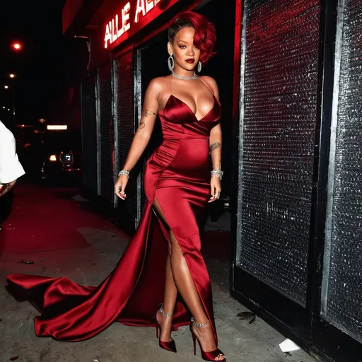 Prompt: Gorgeous Rihanna with huge busom and ridiculously long wavy dark red stylish updo hair,  wearing a stylish peekaboo dress, and 8 inch stiletto high heel shoes, posing at the alley of a nightclub at night.