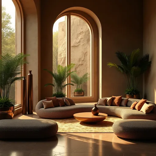 Prompt: Envision a luxurious Bottega Veneta-inspired interior, awash in warm, diffused golden light filtering through large, textured windows. The space is filled with elegantly designed furniture showcasing the brand's signature intricate weaving, creating a sense of both comfort and sophistication. Deep earth tones dominate the palette, with rich browns and greens harmonizing to evoke a serene yet opulent ambiance. A sleek, modern sculpture stands as a centerpiece, reflecting the play of light and shadow across the polished floor. Gently cascading plants with lush foliage inject life into the scene, while a soft, inviting atmosphere invites viewers to explore this high-end sanctuary. Suggested style: photorealistic, with a focus on rich textures and ambient lighting.