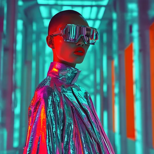 Prompt: (cyber futuristic look), (Miu Miu-inspired fashion), sleek metallic fabrics, neon accents, vibrant color palette, high-fashion silhouettes, futuristic accessories, bold geometric shapes, urban environment backdrop, dramatic lighting contrasting with moody shadows, (HD), ultra-detailed textures, avant-garde aesthetic, captivating and edgy ambiance.