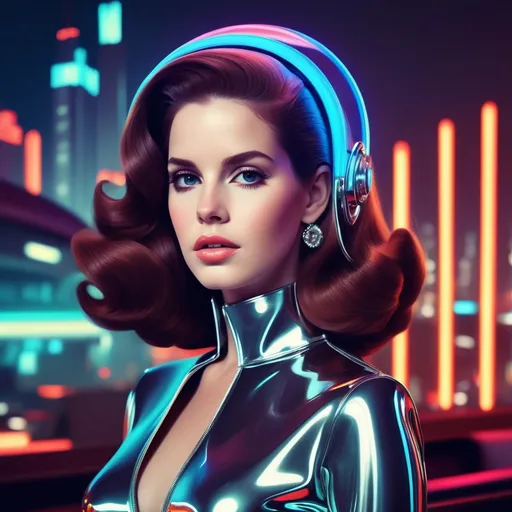 Prompt: Lana del Rey as a (50s cyborg), futuristic retro style, (sleek chrome details), elegant curves, (vibrant neon lights), reminiscent of classic sci-fi aesthetics, (warm undertones), captivating and glamorous ambiance, expressive facial features, vintage hairstyle, stylish metallic attire, detailed background featuring a mid-century modern cityscape, ultra-detailed, high quality, cinematic atmosphere.