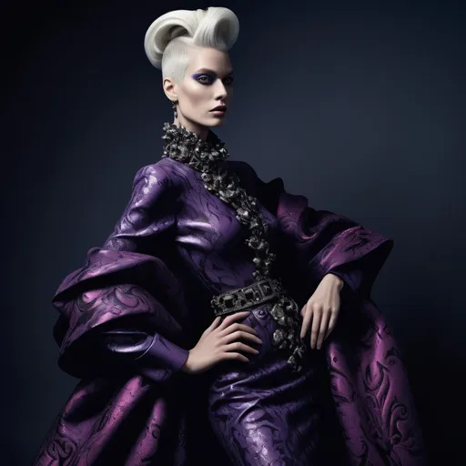 Prompt: (Ursula wearing Balenciaga), (fashion-forward), striking pose, (stylish outfit), blending elegance with edginess, dramatic colors, dusky backdrop, intricate details on clothing, luxurious fabrics, vibrant palette, highlighting textures, high contrast lighting, (portrait orientation), ultra-detailed, fantasy aesthetic.