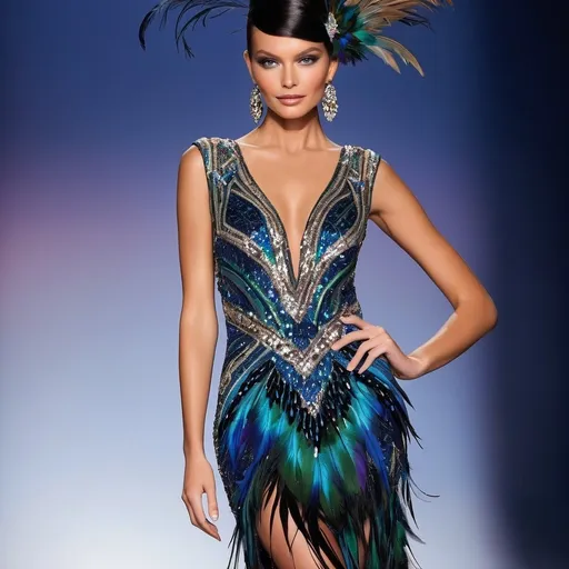 Prompt: Bob Mackie dress, glamorous sequins and feathers, intricate embroidery, high fashion, high quality, detailed design, elegant, vibrant color palette, dramatic lighting