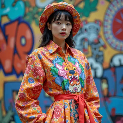 Prompt: (ultra-detailed) Kenzo Harajuku woman dress, vibrant colors, playful patterns, dynamic street fashion, layered elements, oversized style, whimsical accessories, lively urban background, colorful graffiti, (cheerful) atmosphere, high fashion inspired, bold graphic motifs, layered textures, model with expressive poses, (HD) visually striking.