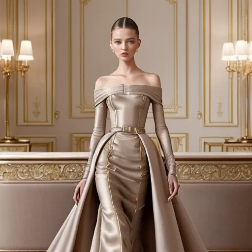 Prompt: (elegant Dior) haute couture fashion, luxurious fabrics, chic and sophisticated attire, glamorous accessories, modern design elements, exquisite detailing, muted color palette, high-end aesthetic, upscale ambiance, opulent setting, dramatic lighting, ultra-detailed, 4K quality.