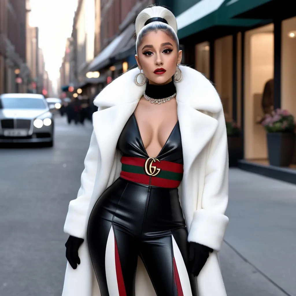 Prompt: A hyper realistic Ariana Grande as Cruella in a Gucci very detailed and accurated 64k quality HD 3D outfit