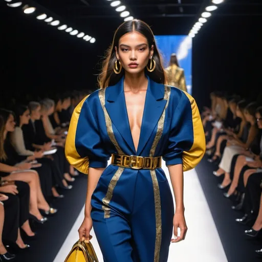 Prompt: Fendi look, bold glamorous look, high sheen, intricate detailing, sleek design, fashion show runway, dramatic lighting, spotlight effect, bold 90s style, 90s aesthetic, stylish, 90s quality, ultra-detailed, HD