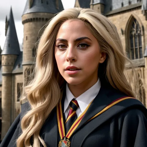 Prompt: Hyper realistic Lady Gaga as a very detailed ultra hd 64k 3d quality Hermione Granger at Hogwarts background 