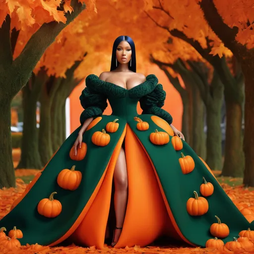 Prompt: (Nicki Minaj) in a stunning Balenciaga dress inspired by (pumpkins), vibrant hues of orange and deep green, intricate pumpkin patterns, dramatic silhouette, elegant design, high fashion aesthetics, captivating facial expression, autumn-themed background filled with falling leaves, warm lighting creating a cozy atmosphere, ultra-detailed, fashion photography style, 4K clarity.