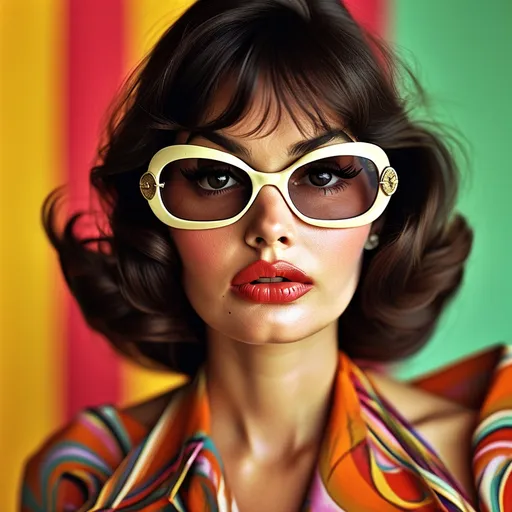 Prompt: (Young Sofia Loren with fringe and 70s look), vibrant colors, retro style, (dramatic lighting), flowing patterned dress, oversized sunglasses, bold makeup, iconic hairstyle, nostalgic atmosphere, warm tones, perfectly capturing 70s fashion, vintage photography aesthetic, soft-focus background, high quality, ultra-detailed, reminiscent of classic cinema moments.