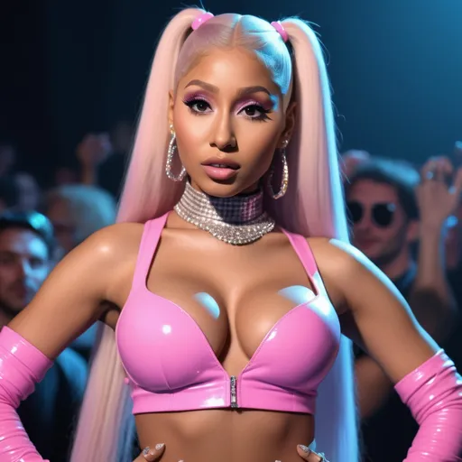 Prompt: Hyper realistic Nicki Minaj as hyper realistic Ariana Grande wearing a very accurated and hyper realistic look as rave dancer in the 1990s in Madrid 3d quality 64k Hd