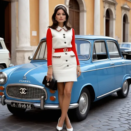 Prompt: Hyper Realistic and very detailed Maria Carla Boscono wearing a hyper realistic and very detailed 60s Chanel look with a very detailed miniskirt and very detailed flat shoes in the centre of a very accurate 60s Rome living “La Dolce Vita” 64k Hd, very accurate 3D 