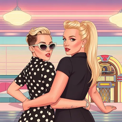 Prompt: Picture a vibrant, sun-drenched diner setting reminiscent of the 1950s, complete with shiny chrome details and pastel colors. Miley Cyrus and Britney Spears are framed in a playful embrace, both exuding confidence and style, channeling Bettie Paige with their glamorous, vintage-inspired outfits. Miley wears a form-fitting polka dot dress and cat-eye sunglasses, her expression cheeky and flirtatious, while Britney sports a sleek, pinup-inspired look with a high ponytail and red lipstick, casting a sultry glance over her shoulder. The warm glow of neon lights reflects off their hair, while soft shadows add depth to the scene. A vintage jukebox in the background plays nostalgic tunes, enhancing the carefree, playful vibe of this intimate yet spirited moment, captured in a nostalgic, retro illustration style.
