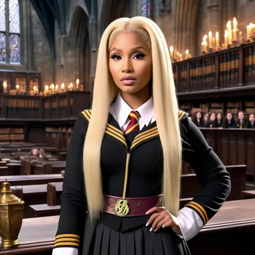 Prompt: Hyper realistic Nicki Minaj as a very detailed ultra hd 64k 3d quality Hermione Granger at Hogwarts background 