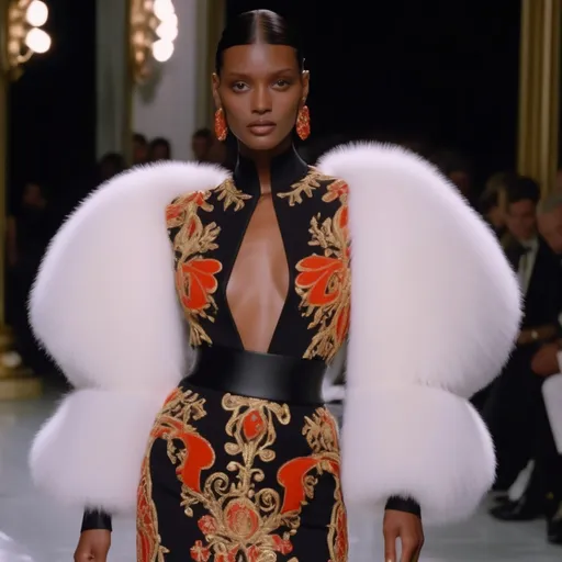 Prompt: (90s Givenchy haute couture), elegant fashion design, opulent fabrics, intricate detailing, vibrant color palette, dramatic silhouettes, high-fashion runway, retro chic vibe, luxurious atmosphere, warm lighting, 4K, ultra-detailed, showcasing the essence of the 1990s fashion peak, inspired by iconic runway shows, captivating elegance.