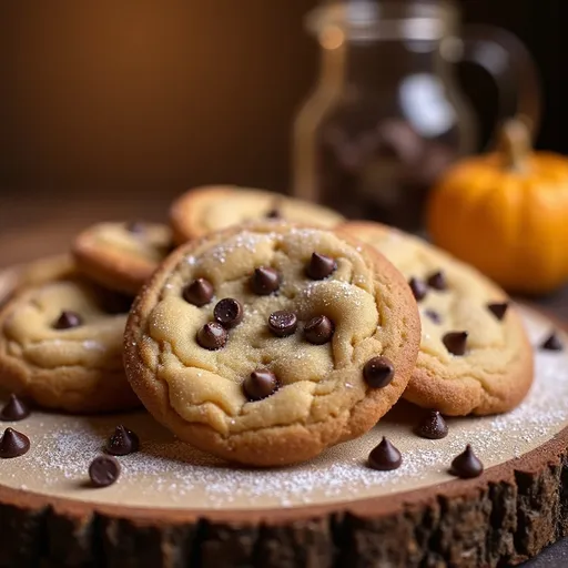 Prompt: (delectable cookies), freshly baked, golden brown edges, soft and chewy centers, chocolate chips melting slightly, sprinkled with powdered sugar, warm and inviting aroma, cozy kitchen setting, softly lit ambiance, rustic wooden table, culinary masterpiece, high depth, ultra-detailed, vibrant colors.