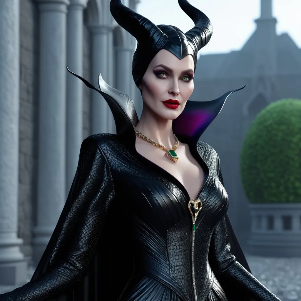 Prompt: Hyper realistic 64k 3d Maleficent in hyper realistic and very detailed 64 3d hd, wearing a Gucci outfit, very detailed Gucci dress 64k Reflex ultra hd quality 