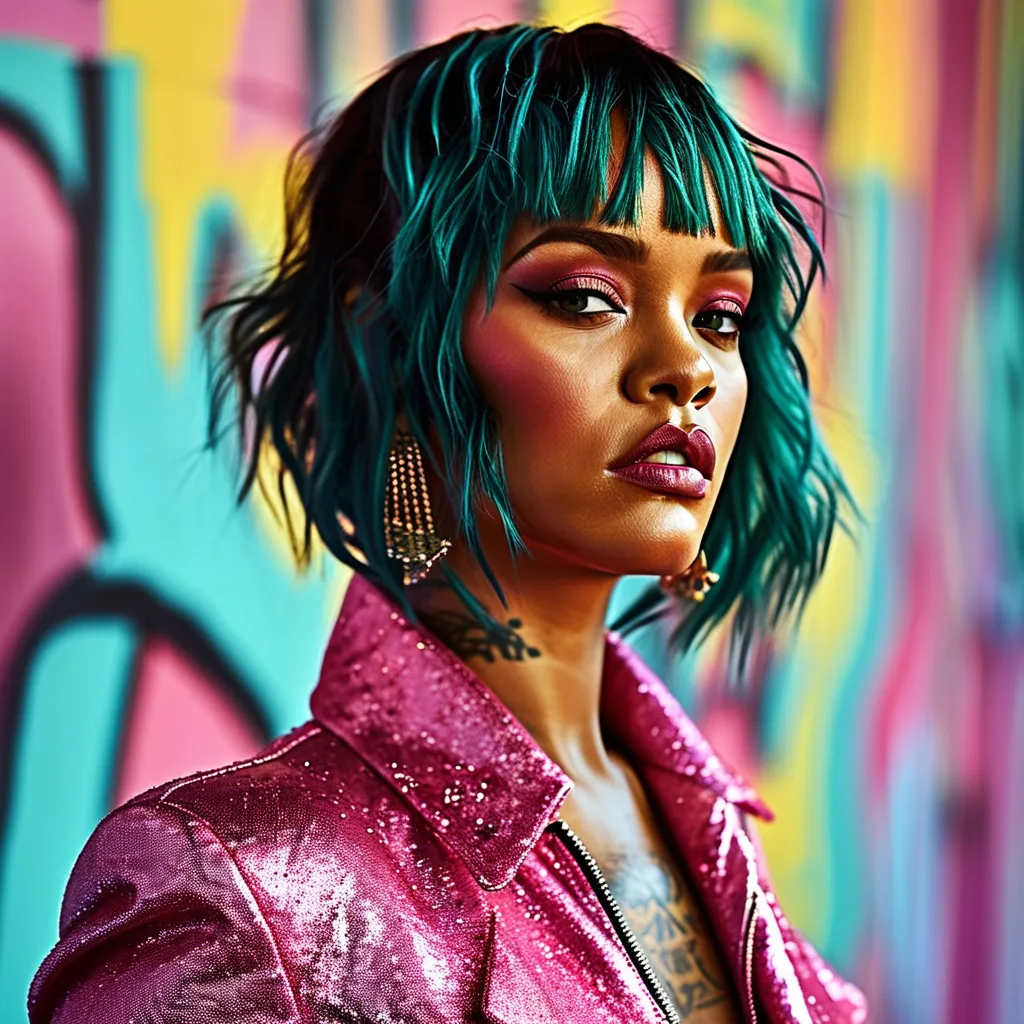 Prompt: Rihanna with (stylish bob haircut), strong gaze, confident expression, (high fashion attire), lush makeup, dynamic lighting, (ultra-detailed), vivid colors, stylish setting, (modern ambiance), rich background elements emphasizing luxury, (sophisticated vibe), glamorous highlights showcasing texture, captivating pose, capturing elegance, striking visual artistry.