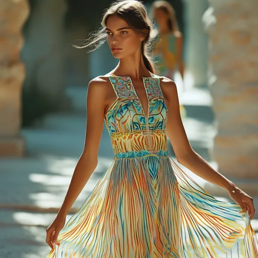 Prompt: Emilio Pucci delicate dress, (intricate patterns), (vibrant colors), luxurious fabrics flowing gracefully, elegant draping, showcasing flattering silhouettes, sunlit atmosphere, soft breezes shifting billowing hems, styled in a beautiful outdoor setting, high fashion, feminine and chic vibe, ultra-detailed, enchanting and ethereal mood, 4K resolution.