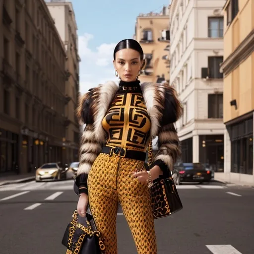 Prompt: (Fendi Outfit), stylish fashion, contemporary chic, luxurious textures, dynamic patterns, bold accessories, warm and inviting color tones, high fashion aesthetic, expertly tailored, ultra-detailed, sophisticated ambiance, high-end fashion photography, vibrant background with urban elements, sharp focus, (4K quality).