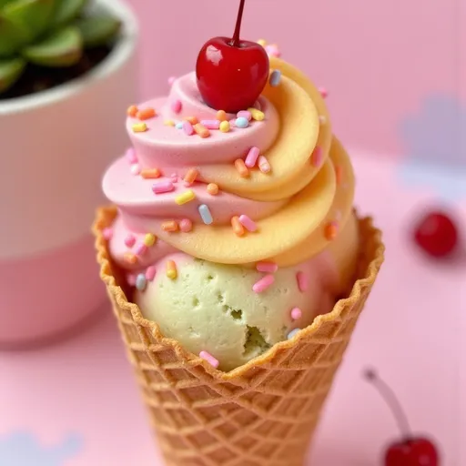 Prompt: (succulent ice cream), vibrant colors, (deliciously topped) with sprinkles and cherries, displayed in a (waffle cone) with a soft serve swirl, a sunny background with pastel colors, cozy atmosphere, high angle view, ultra-detailed, intricately crafted, inviting and mouth-watering ambiance, perfect for an enticing summer treat, (4K) quality.