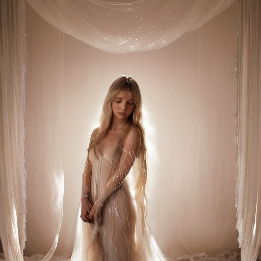 Prompt: delicate Britney Spears, long flowing hair with fringe, (elegant) long transparent silk dress, surrounded by a dreamy atmosphere, soft lighting, (ethereal) ambiance with shimmering highlights, gracefully posed, intricate details in fabric texture, serene expression, (ethereal) background with gentle pastels, enhancing the overall (whimsical) feel, high quality, ultra-detailed, captivating composition.