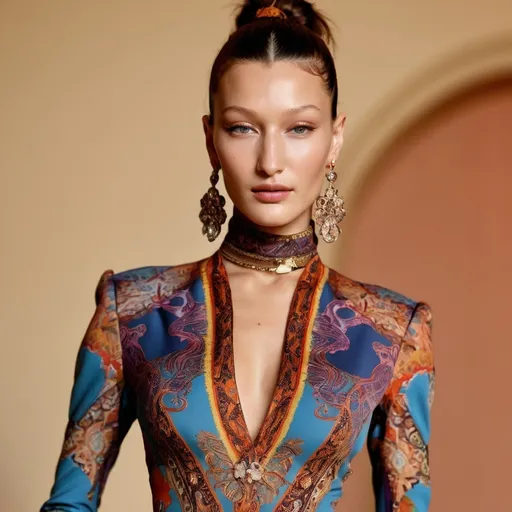 Prompt: (Bella Hadid in an Etro dress), fashion elegance, (stylish pose), intricate patterns, vibrant colors, (high fashion), soft focus, warm lighting with a glamorous touch, showcasing elegant accessories, luxurious fabric detail, upscale ambience, beautifully styled hair, (ultra-detailed), captivating expression, fashion-forward aesthetic, luxurious background elements.