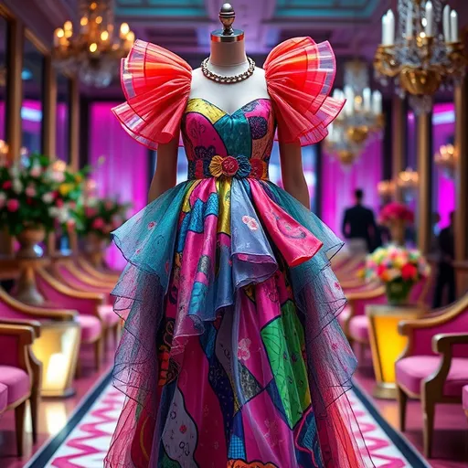 Prompt: (Moschino dress), high fashion, vibrant colors, playful patterns, eye-catching details, runway style, whimsical designs, luxurious fabric texture, dynamic drapery, artistic flair, glamorous ambiance, stylish accessories, ultra-detailed, 4K quality, inviting and creative vibes, surrounded by elegant decor.