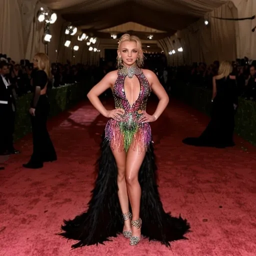 Prompt: Britney Spears at Met Gala, high fashion, iconic red carpet look, vibrant and bold, paparazzi flashes, extravagant couture gown, elegant jewelry, celebrity, glamorous atmosphere, high quality, detailed, fashion illustration, vibrant colors, dramatic lighting