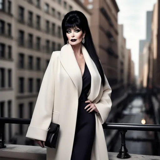 Prompt: Elvira in (MaxMara) fashion, captivating pose, stylish and chic attire, (dramatic silhouette), striking facial features, (high fashion) vibe, elegant expression, luxurious textures, cozy and sophisticated atmosphere, rich color palette, (high contrast lighting), urban background, essential elements of modern elegance, (4K), ultra-detailed captures the essence of contemporary glamour.