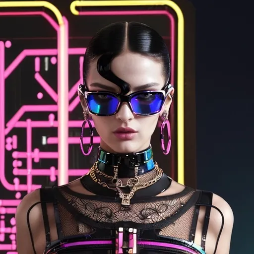 Prompt: (Dolce&Gabbana cyber look), sleek futuristic digital fashion, vibrant colors with holographic elements, high-tech accessories, bold silhouettes, intricate patterns, urban backdrop with neon lights, an edgy and modern aesthetic, reflecting luxury and avant-garde style, (ultra-detailed), atmospheric with a cosmopolitan vibe, presenting both innovation and elegance in a striking visual.