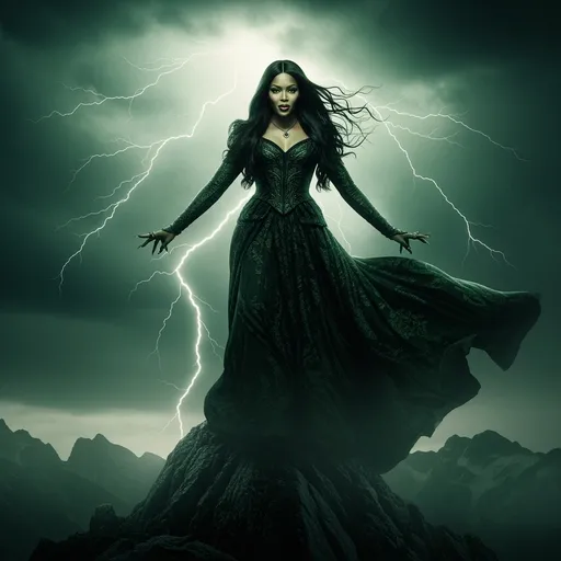 Prompt: Visualize Naomi Campbell transformed into Elphaba, the iconic Wicked Witch of the West, standing poised atop a stormy mountain peak. The sky roils with dark, swirling clouds, casting a moody greenish hue over the scene, mirroring Elphaba's distinct emerald skin. Naomi's fierce expression radiates confidence and defiance, her striking features framed by wild, wind-swept black hair. She wears a flowing, intricate dark gown that billows around her like shadows in the gale. Lightning flashes dramatically overhead, illuminating her figure and casting eerie shadows on the rocky terrain below. This image should evoke a sense of power and transformation, rendered in cinematic lighting with a touch of dark fantasy concept art.