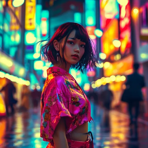 Prompt: (Tokyo Idol), vibrant cityscape, neon lights, lively street scene, energetic atmosphere, fashionable outfits, youthful expressions, entertaining performance, captivated audience, dynamic poses, upbeat music vibes, ultra-detailed, night setting, cinematic colors, warm contrasts, rich blues and pinks, high quality 4K, evoking excitement and joy.