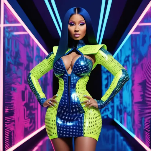 Prompt: Nicki Minaj in a (futuristic) Valentino cyber dress, shimmering textures, (vibrant colors), electric patterns, bold silhouettes, modern streetwear style, dynamic pose, (high fashion), avant-garde inspiration, ultra-detailed, HD quality, soft neon lighting, futuristic urban background, cutting-edge design elements, fashion scene atmosphere.