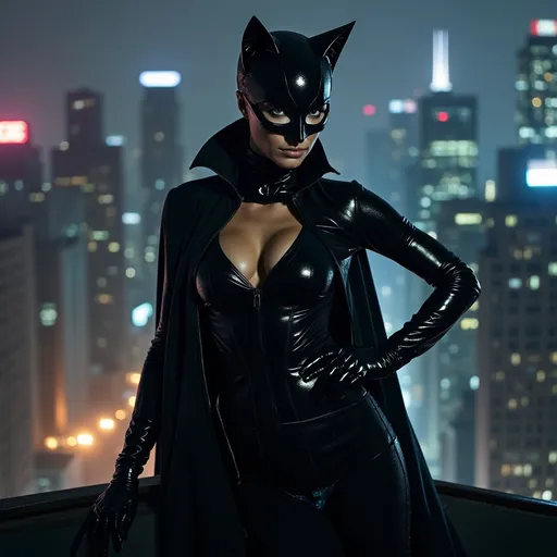 Prompt: (Catwoman), sleek and agile silhouette, dynamic pose, glimmering cat-themed suit, poised and confident expression, city skyline at night in the background, dramatic lighting with shadows, neon lights reflecting off buildings, intense color contrast, mysterious ambiance, ultra-detailed, cinematic quality, compelling portrayal of a female vigilante, elegant and fierce demeanor, urban rooftop setting, enchanting yet dangerous atmosphere.