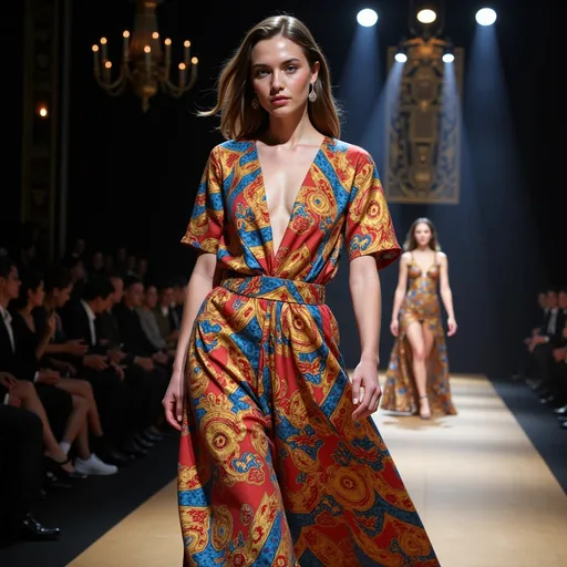 Prompt: Capsule Collection Gucci X Versace, luxury fashion collaboration, vibrant color palette, intricate patterns, high-fashion atmosphere, elegant runway display, modern and chic styling, dramatic lighting effects, ultra-detailed design, dynamic energy, contrasting textures, innovative silhouette sketches, stylish accessories, urban ambiance, 4K quality, flawless presentation.