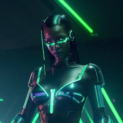 Prompt: Rihanna (a Mugler cyborg), futuristic fashion, sleek metallic body suit, glowing LED accents, striking makeup with vibrant colors, (bold accessories), intricate detailing in design, dynamic pose, cyberpunk atmosphere, urban background with neon lights, (high intensity), (vivid contrast), expressive and captivating vibe, 4K ultra-detailed, cinematic feeling capturing the interplay of technology and elegance.