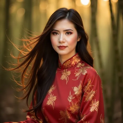 Prompt: Central to the image is a (Chinese woman), flowing dark hair cascading down her shoulders, dressed in a traditional qipao with exquisite floral patterns, deep hues of red and gold. The background features a serene bamboo forest, illuminated by warm, soft light, enhancing the tranquil and graceful atmosphere, (HD), showcasing her delicate features and serene expression in a captivating portrait style.