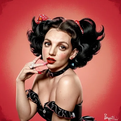 Prompt: (Enhanced portrait of Britney Spears as Betty Boop), playful expression, vintage cartoon style, luscious curly hair, iconic black dress with ruffles, bright red lipstick, big expressive eyes, high contrast, bold outlines, colorful background with retro elements, whimsical atmosphere, dynamic composition, eye-catching fan art, ultra-detailed, vibrant tones, celebrating femininity and nostalgia.